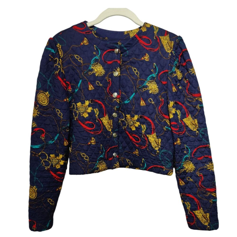 Vintage 80s Women's Sz 5/6 Blue Cropped Quilted Jacket Gold Buttons Mob Wife